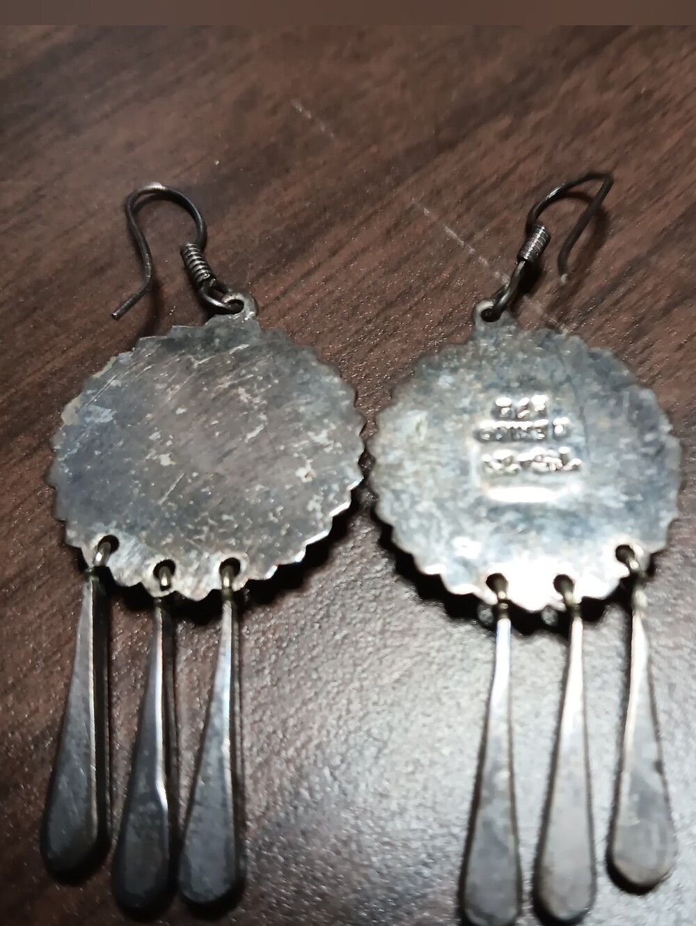 Vintage Mexican Turquoise Inlay with Sterling Silver Dangle Earrings - Picture 2 of 3